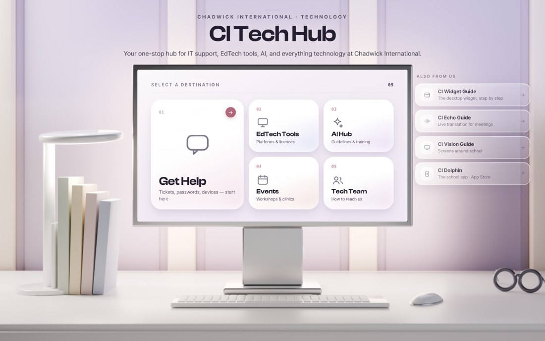 CI Tech Hub 홈 — 3D로 렌더한 책상 위 모니터에 다섯 개의 목적지가 떠 있는 화면